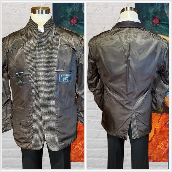Vintage Burberry Mens 42R Brown Burgundy Tweed Houndstooth Blazer Sport Jacket - Picture 6 of 15